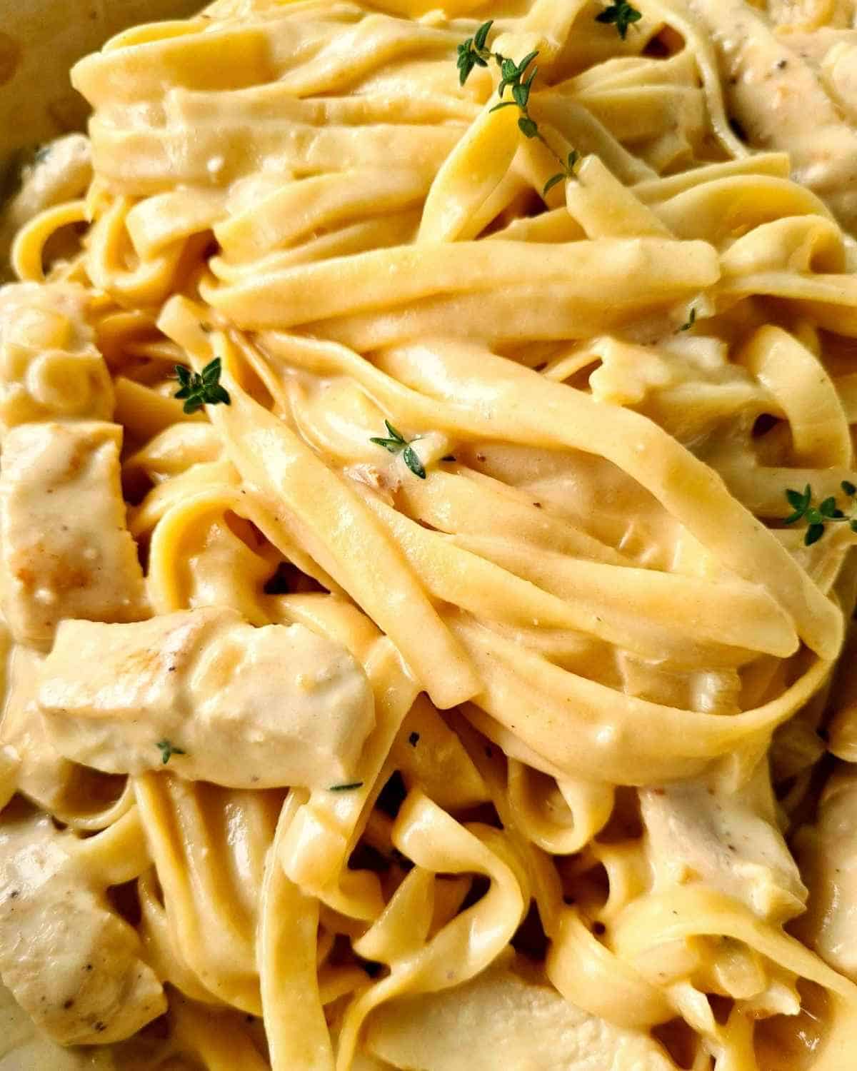 Close up of creamy chicken pasta