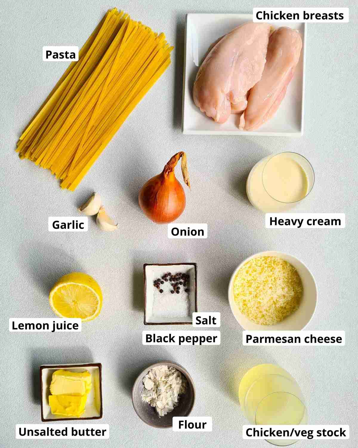 Ingredients required to make creamy lemon chicken pasta dish, labled