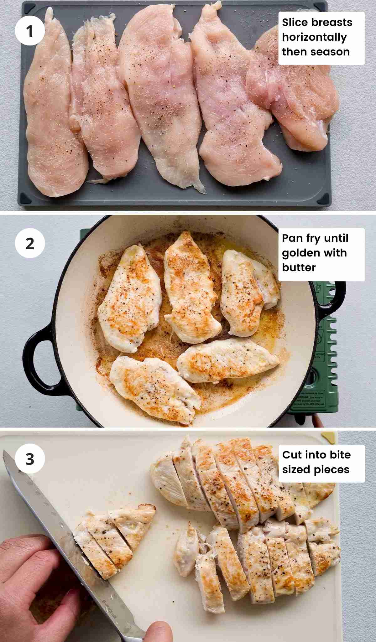 3 step collage of pan frying chicekn breasts with captions