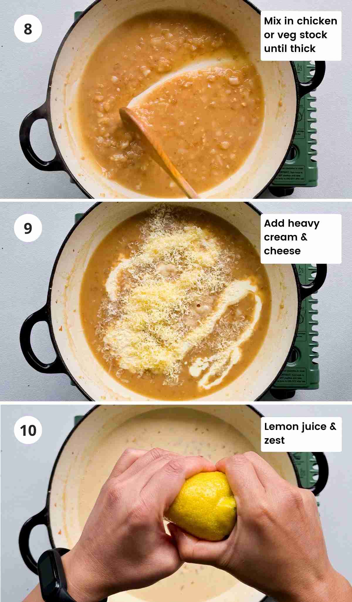 3 step collage of making creamy lemon sauce with captions