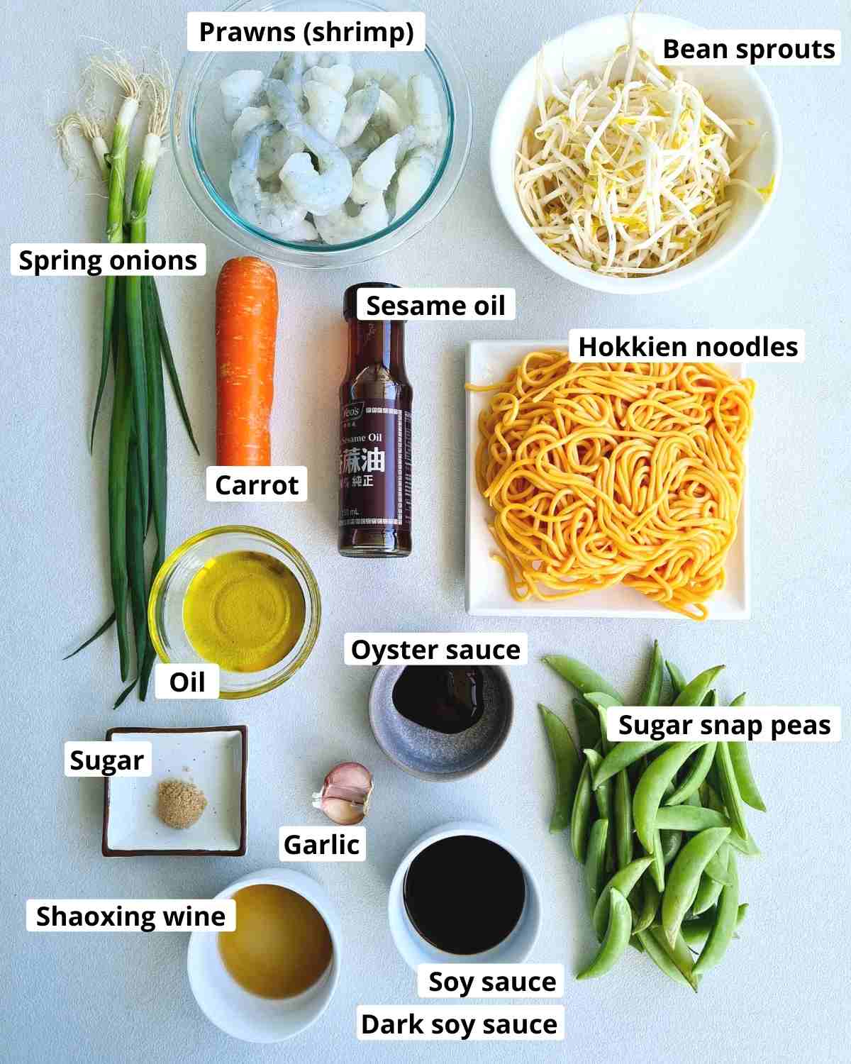 Ingredients required to make a prawn noodle stir fry recipe, labeled