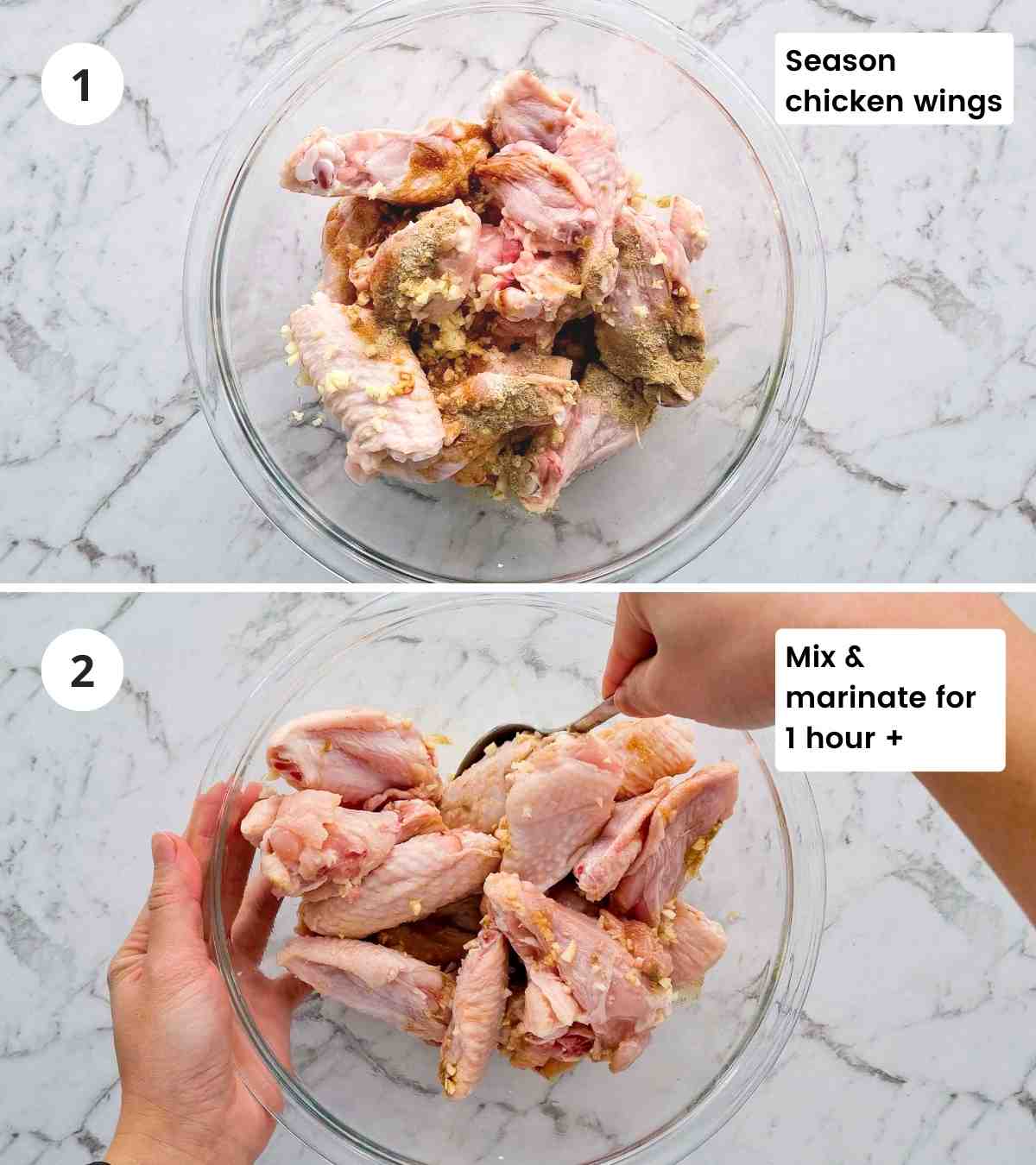 2 step collage of marinating chicken wings with captions