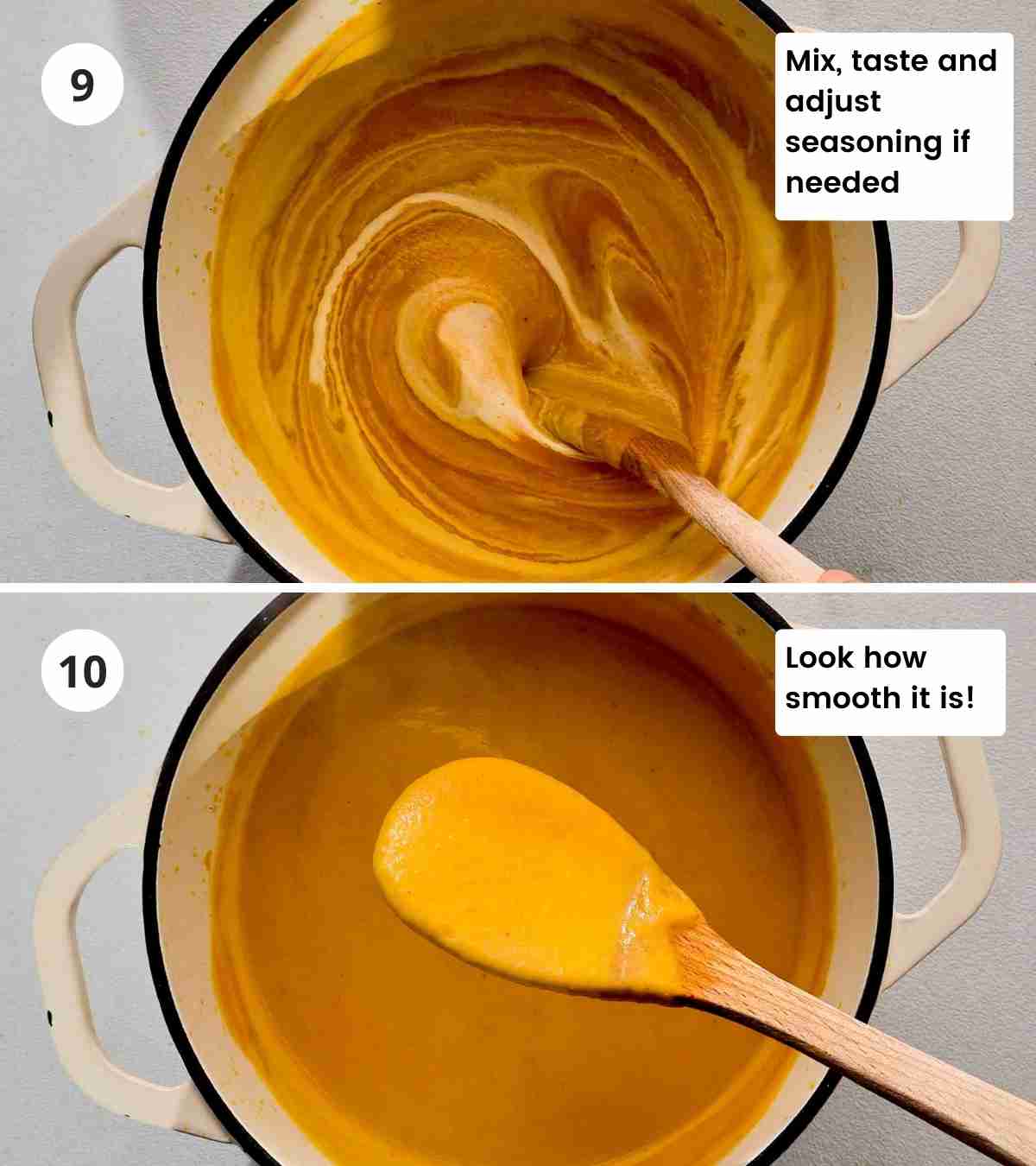 2 step instruction collage of mixing cream into the soup with captions