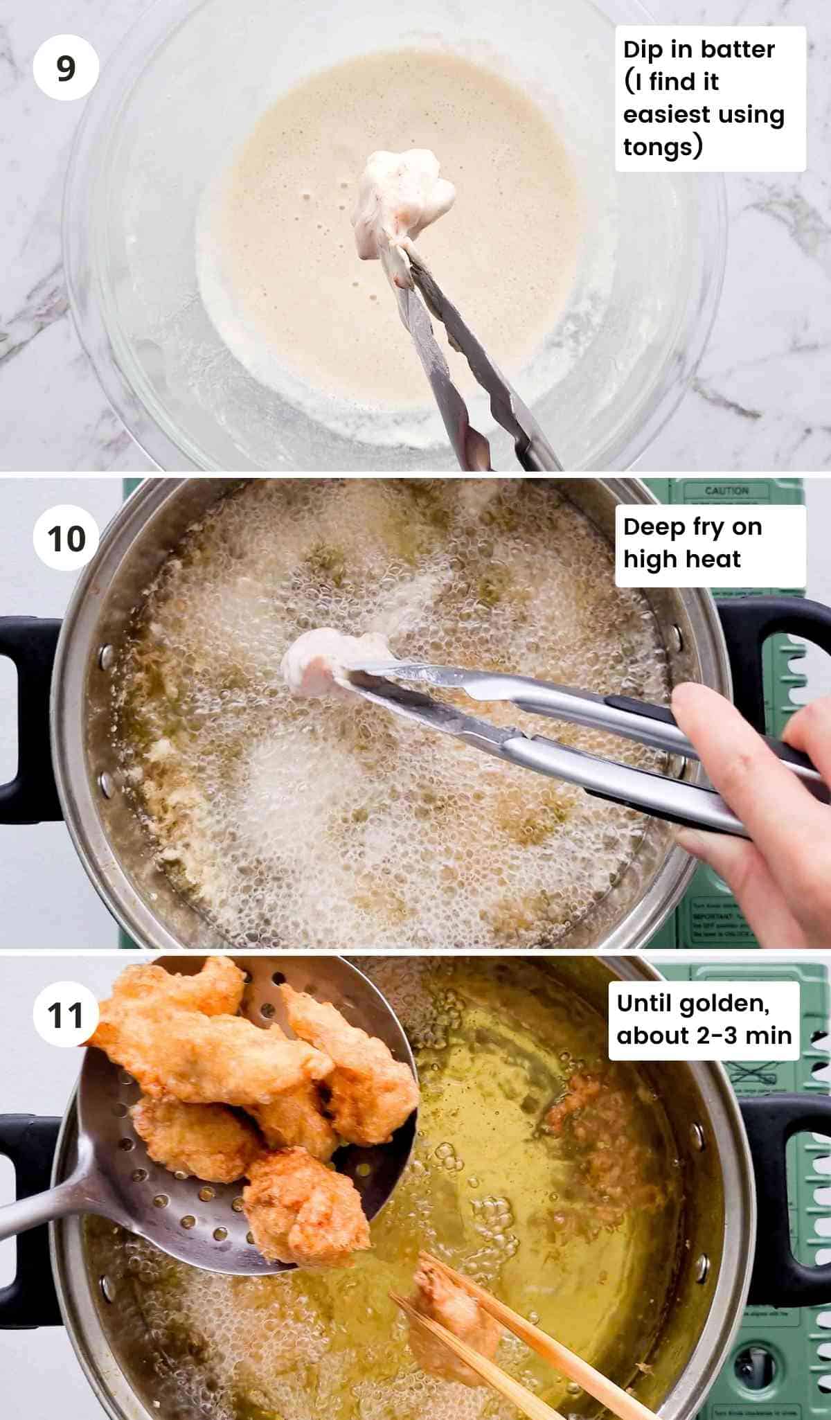 3 step collage of deep frying chicken with captions