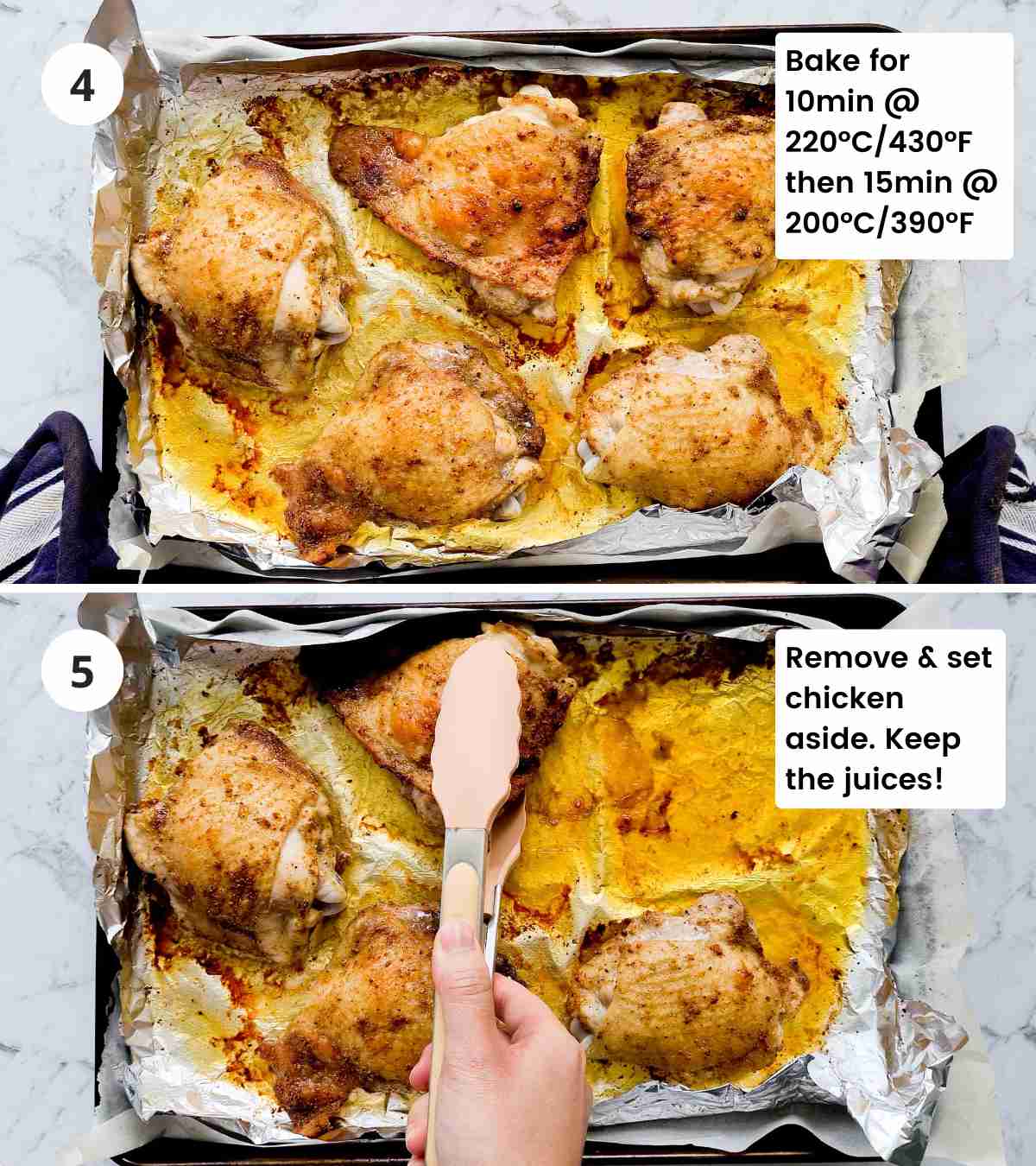 2 step collage of how to bake chicken thighs with captions