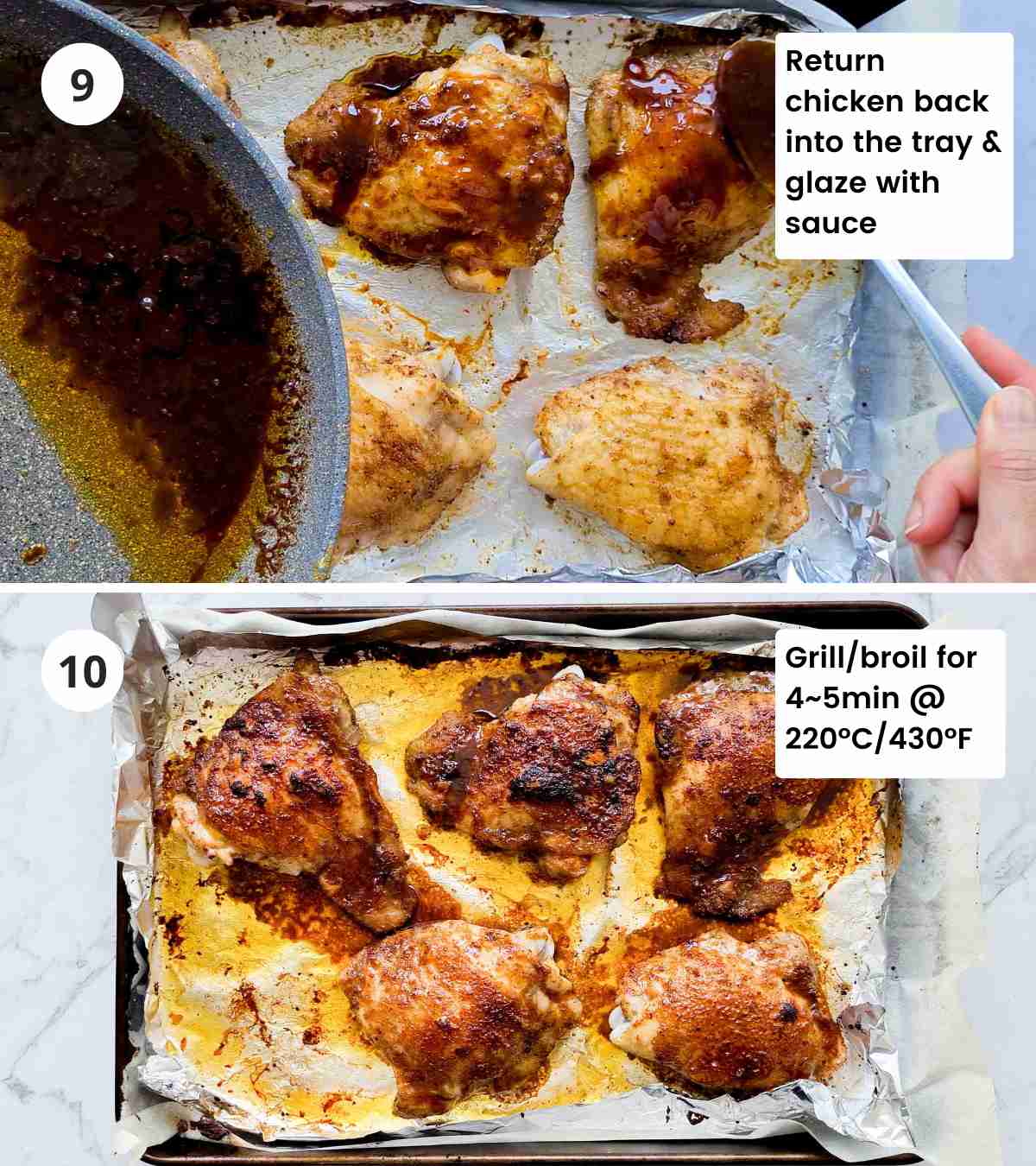 2 step collage of coating and finishing off the chicken thighs with captions