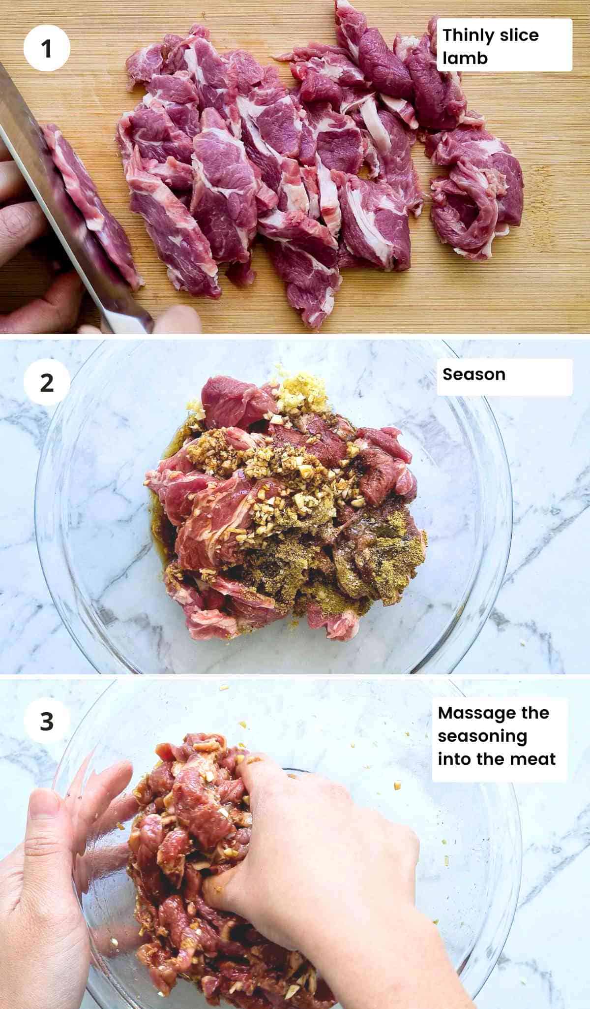 3 step collage of seasoning lamb slices