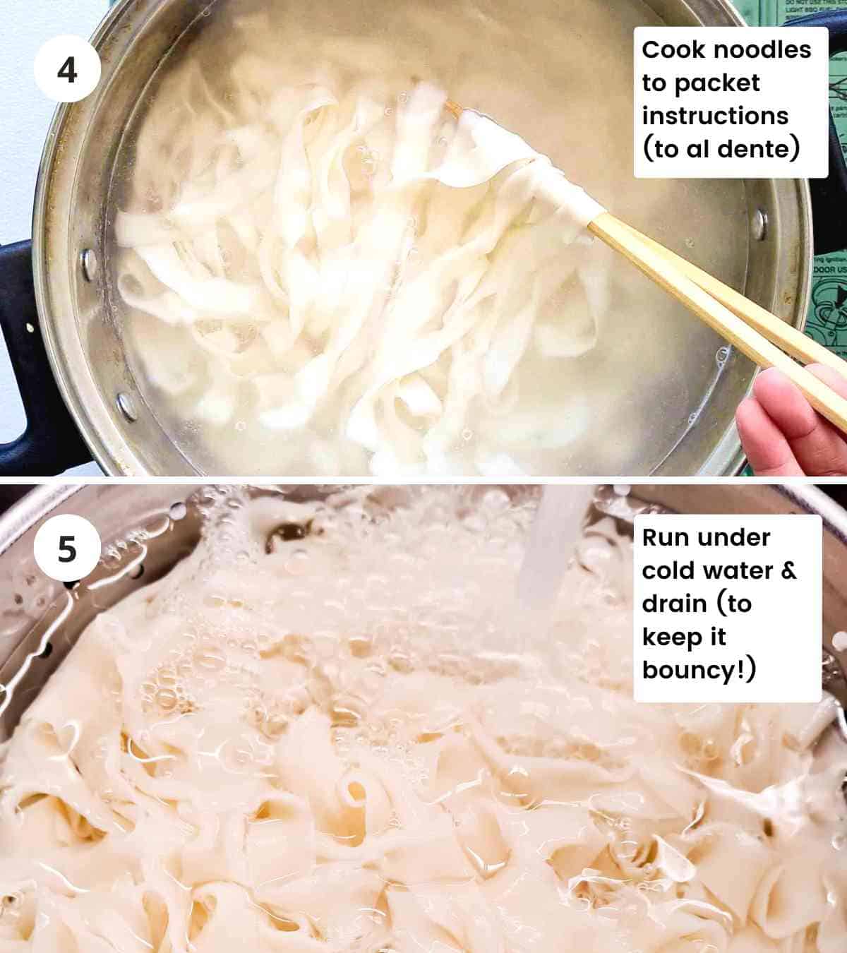 2 step collage of cooking noodles with captions