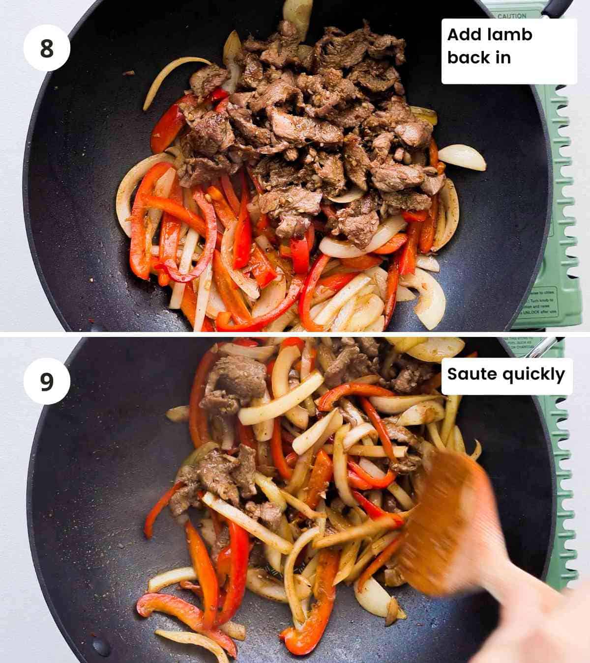 2 step collage of stir frying lamb, onions and capsicum with captions