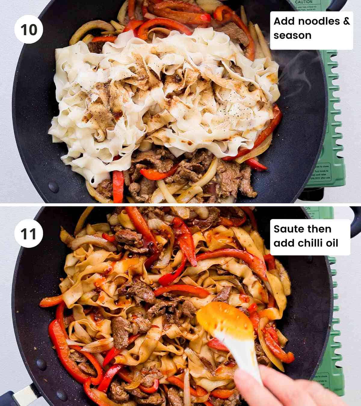 2 step collage of cooking stir fried noodles with captions
