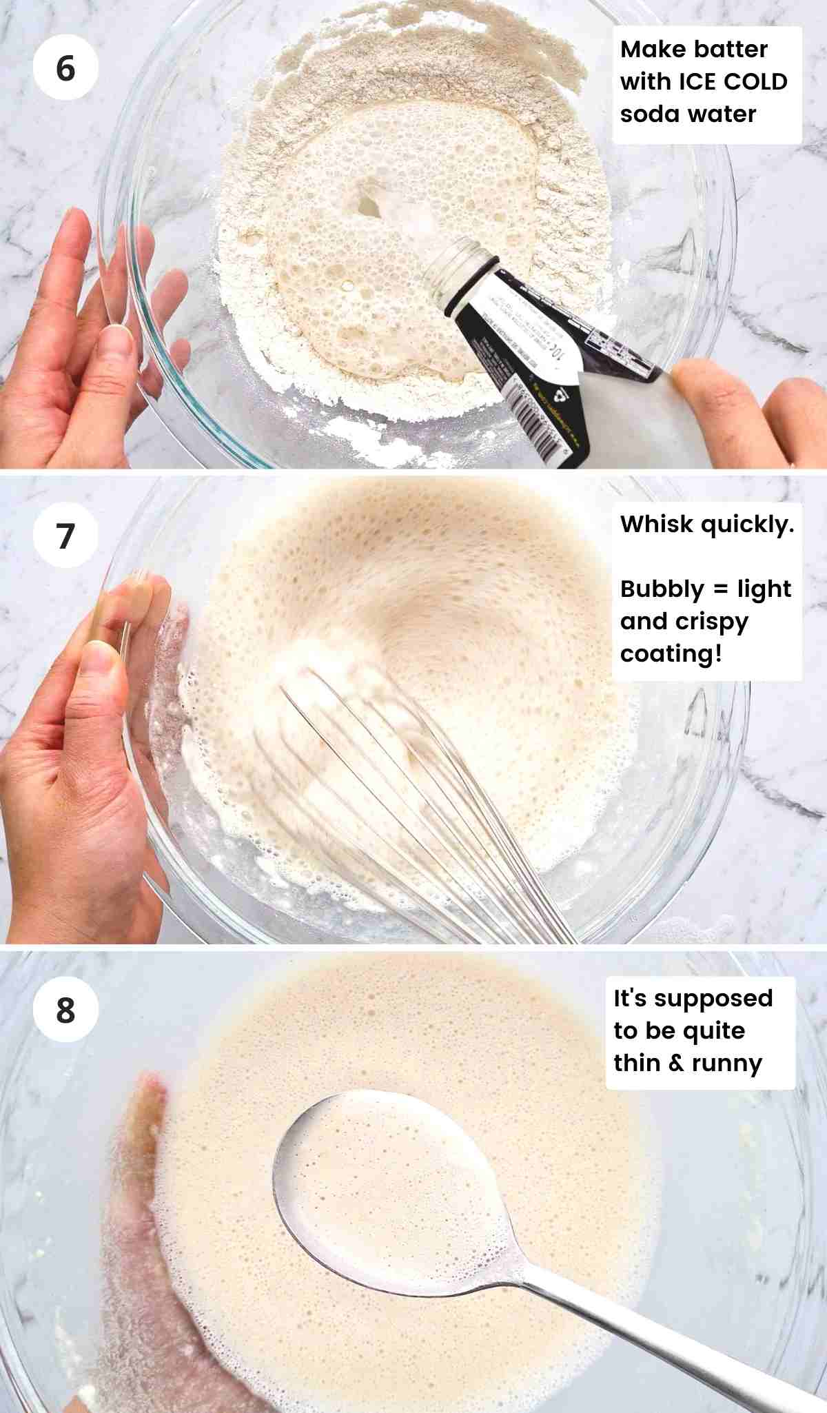 3 step collage of preparing the thin batter with captions