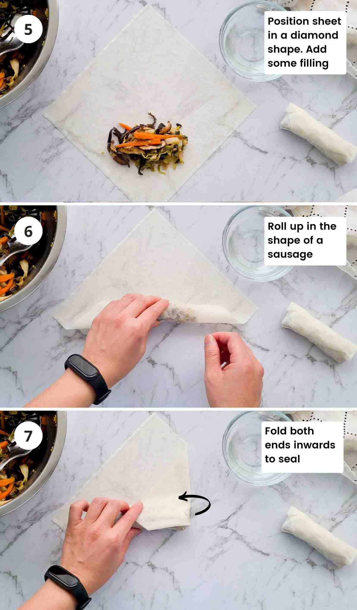 Three step collage of rolling up spring rolls with captions part 1