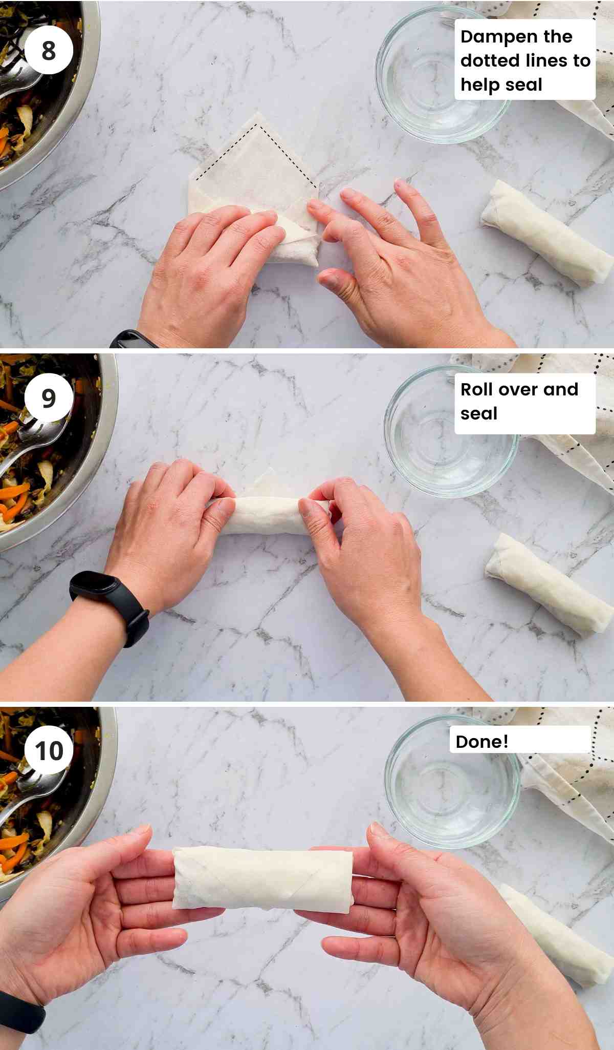 Three step collage of rolling up spring rolls with captions part 2