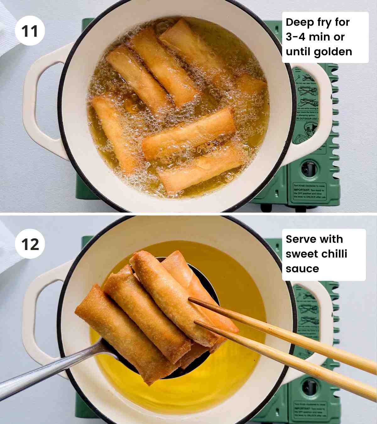 Two step collage of deep frying vegetable spring rolls with captions