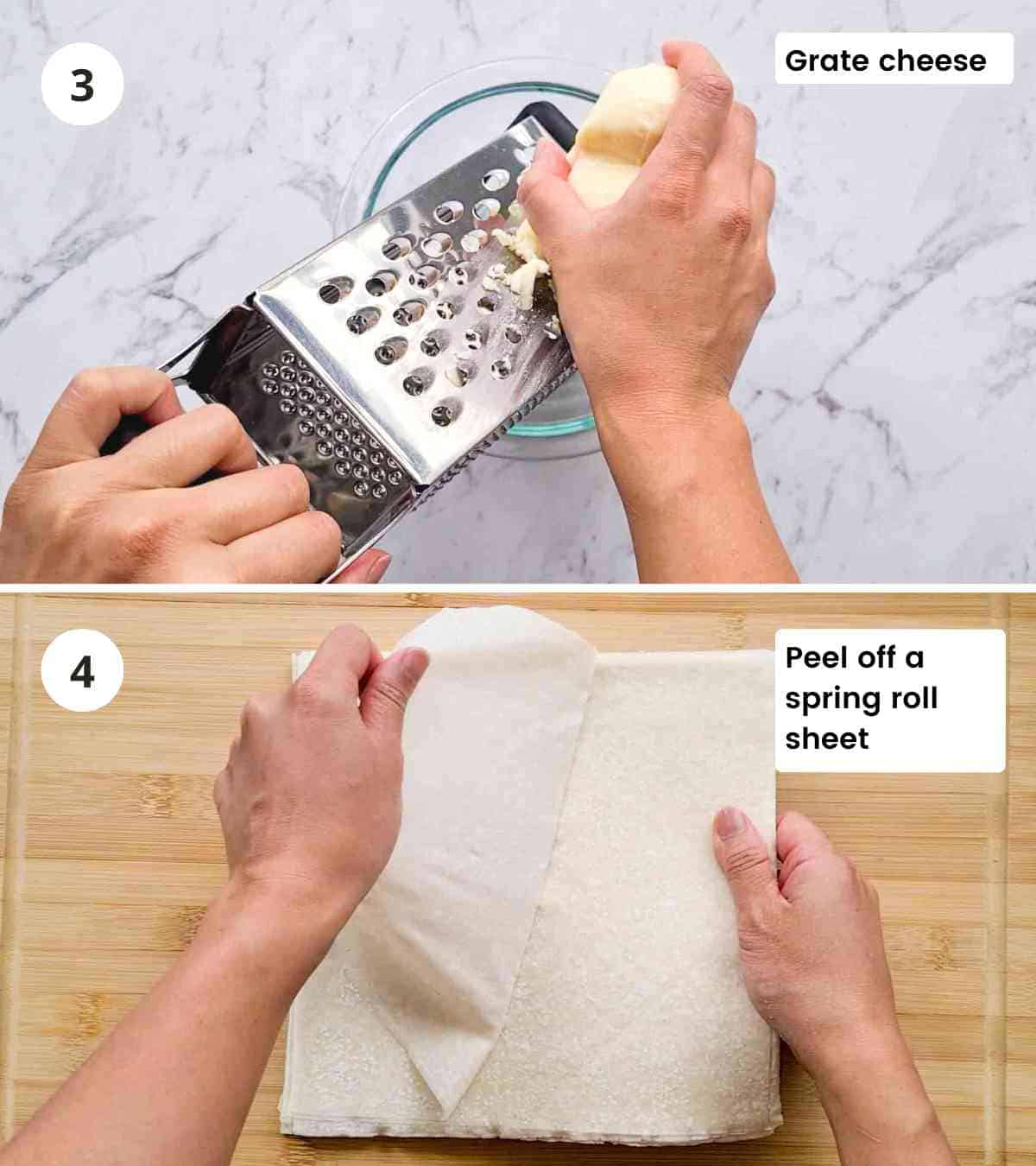 2 step collage of grating cheese and pulling apart spring roll sheets with captions
