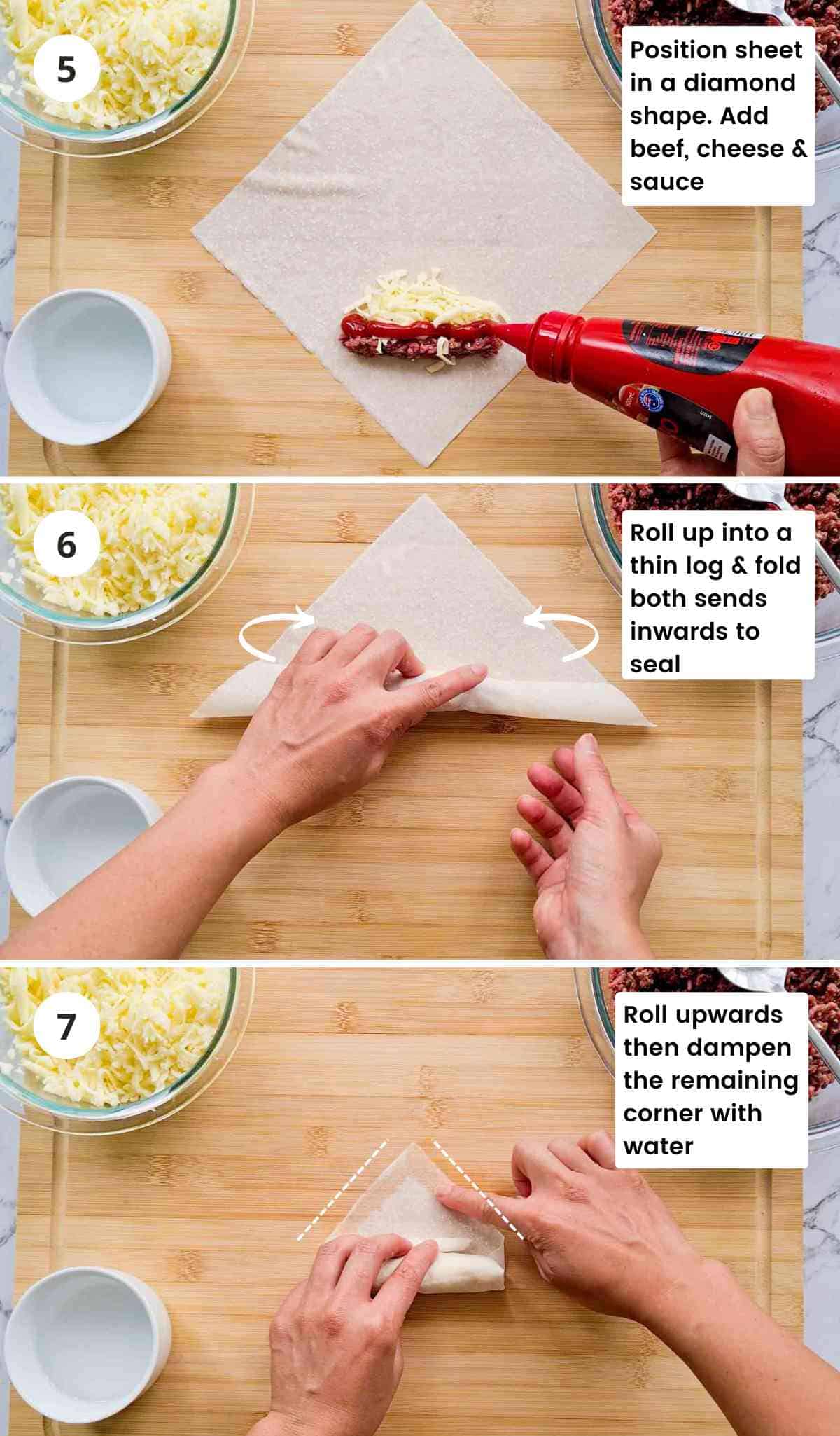 3 step collage of rolling cheeseburger spring rolls with instruction captions