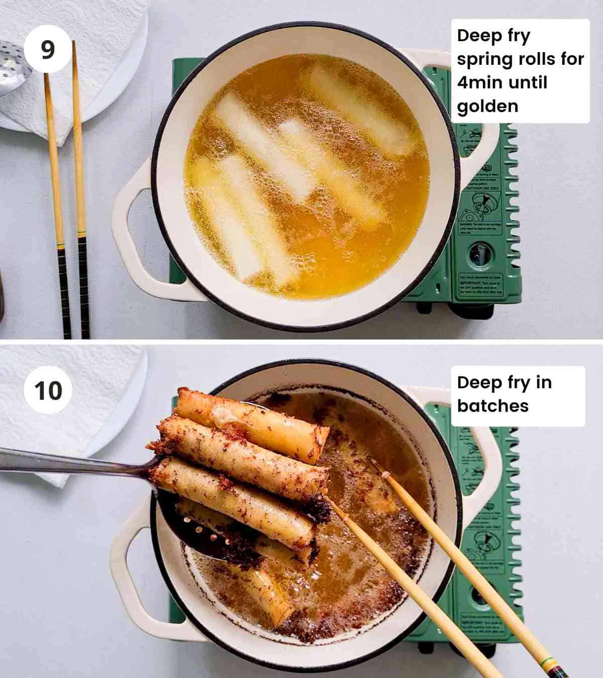 2 step collage of deep frying cheeseburger spring rolls with instruction captions
