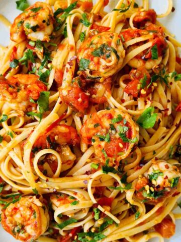 close up of chilli prawn pasta