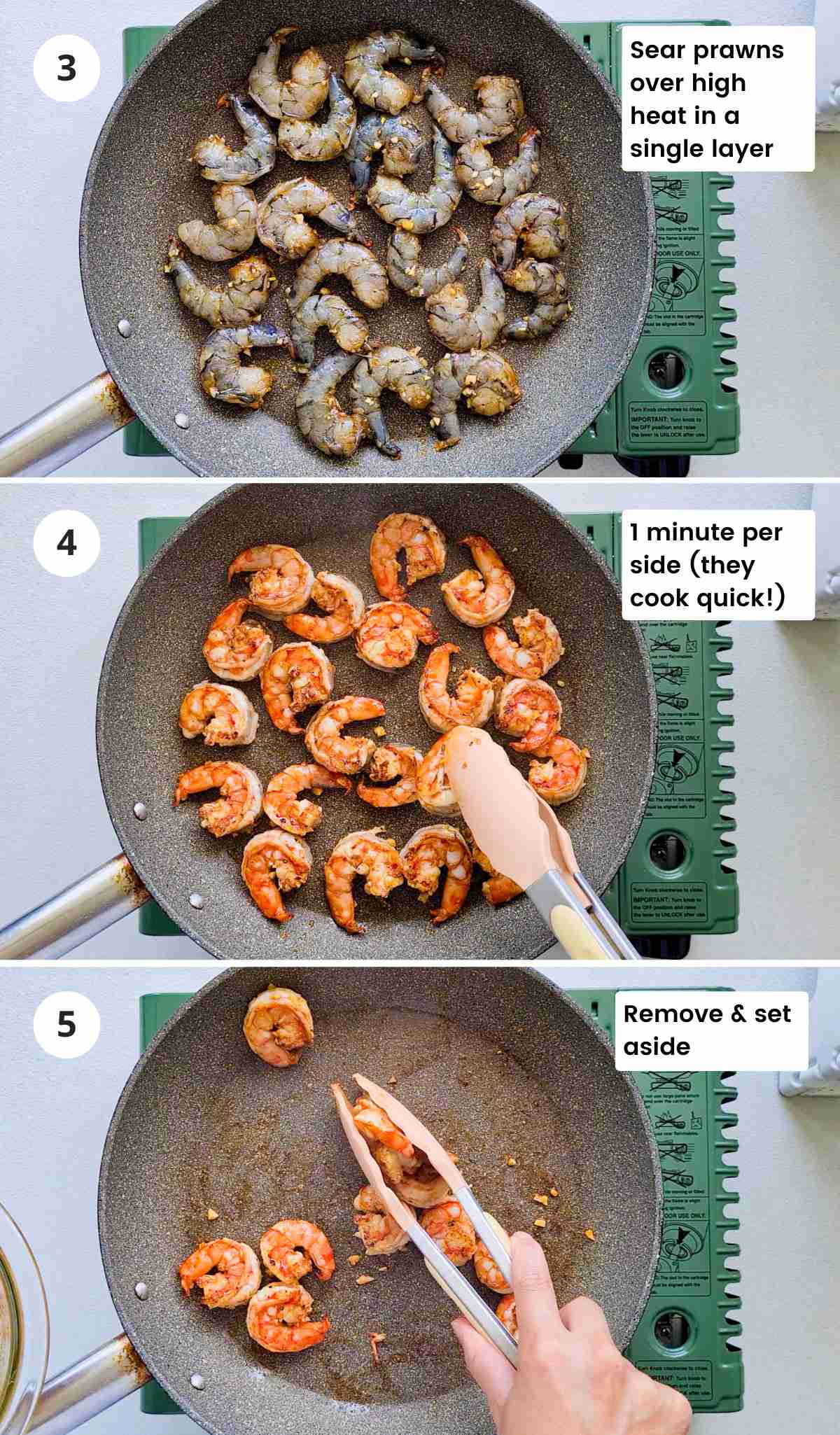 3 step collage of searing prawns with captions