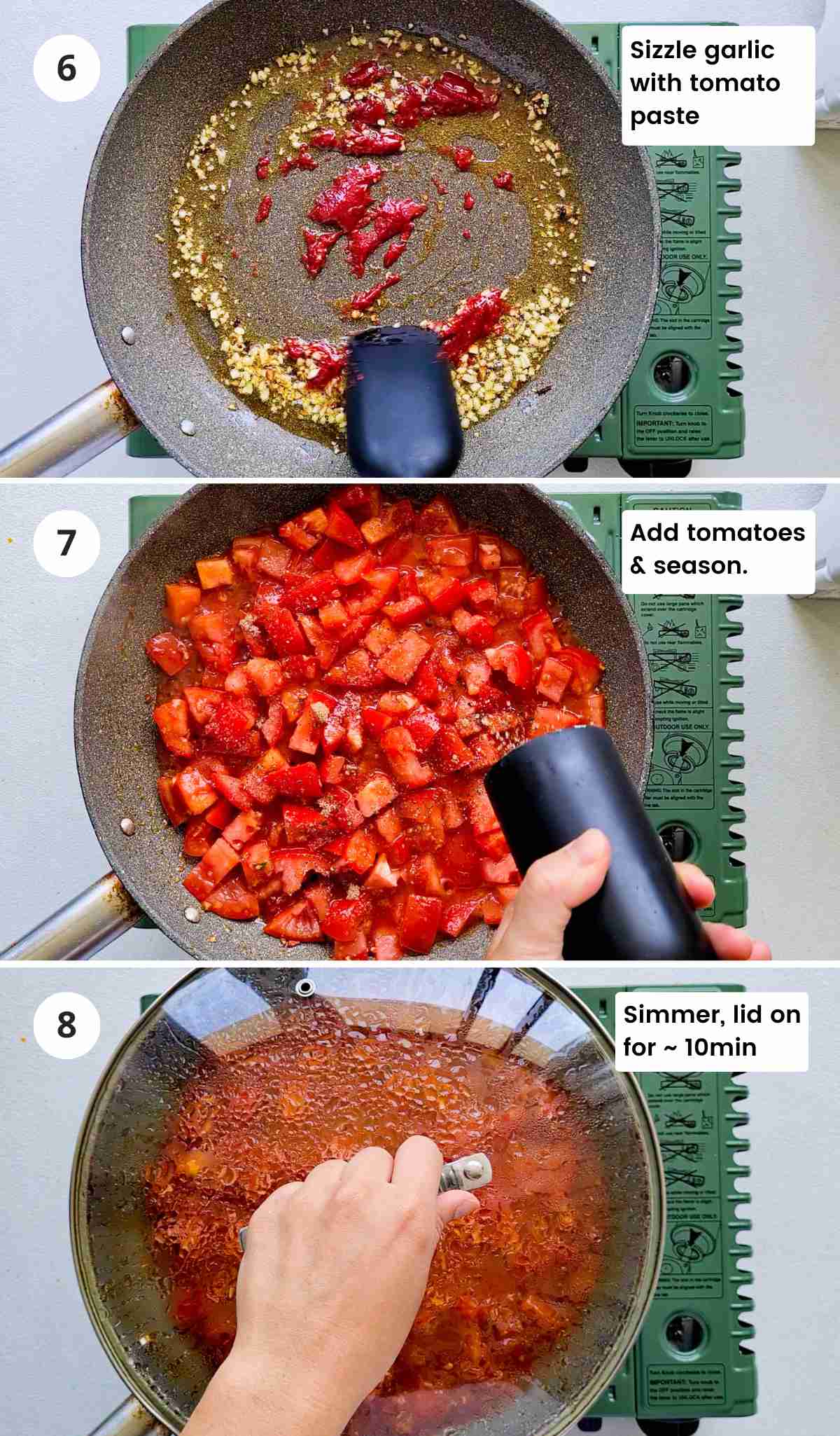 3 step collage of making a tomato sugo with captions