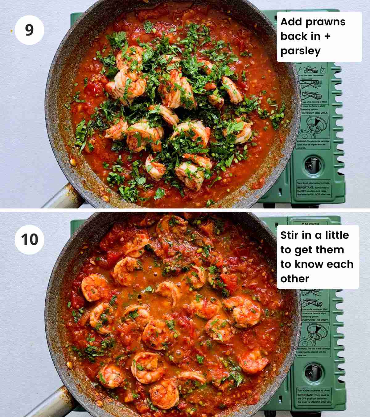 2 step collage of cooking prawn pasta sauce with captions