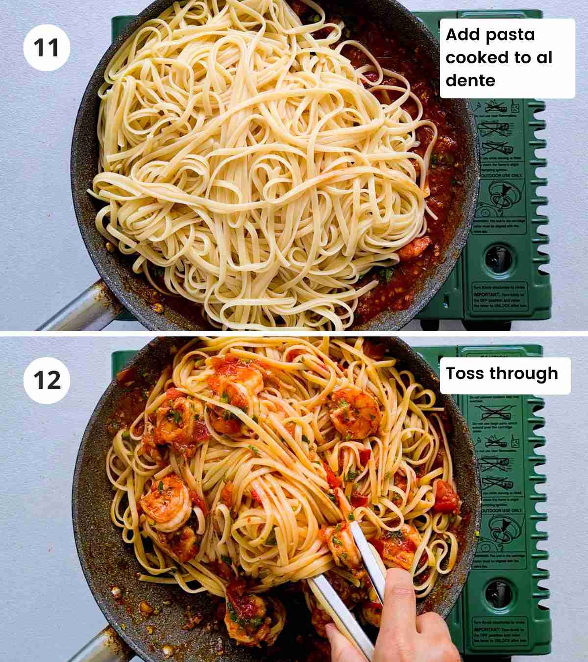 2 step collage of mixing pasta into prawn sauce with captions