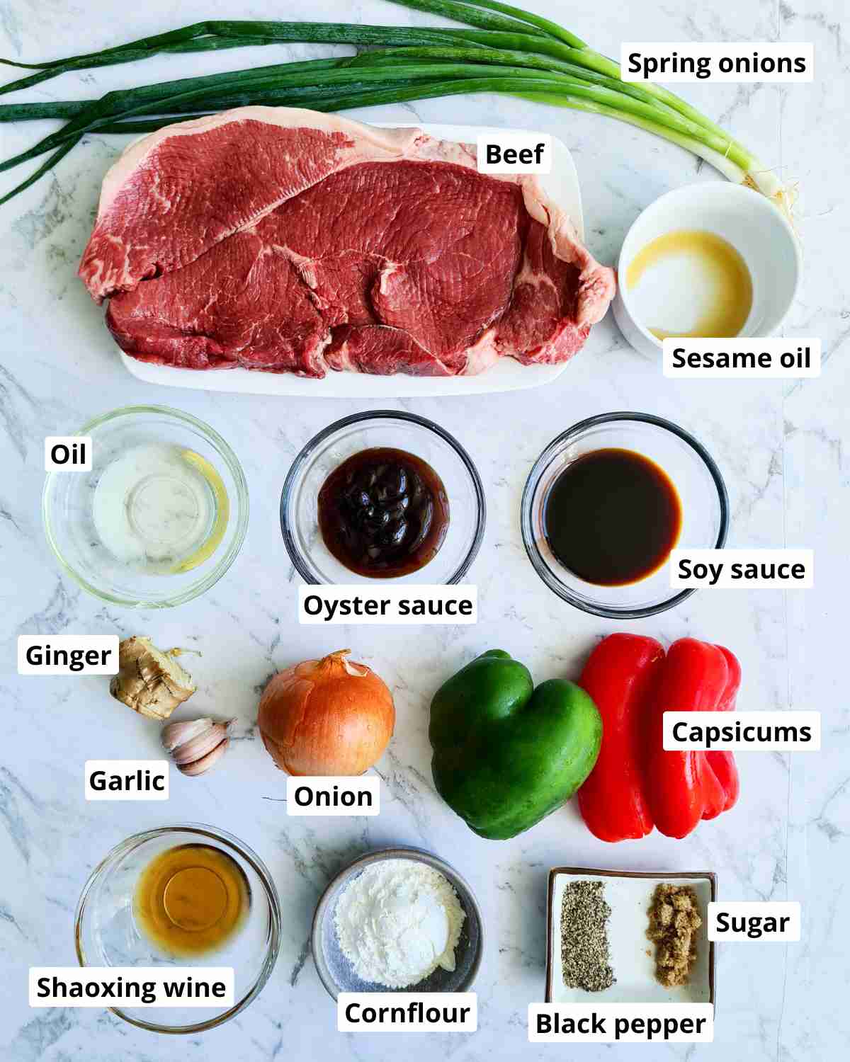 ingredients required to make a pepper beef stir fry recipe, labeled