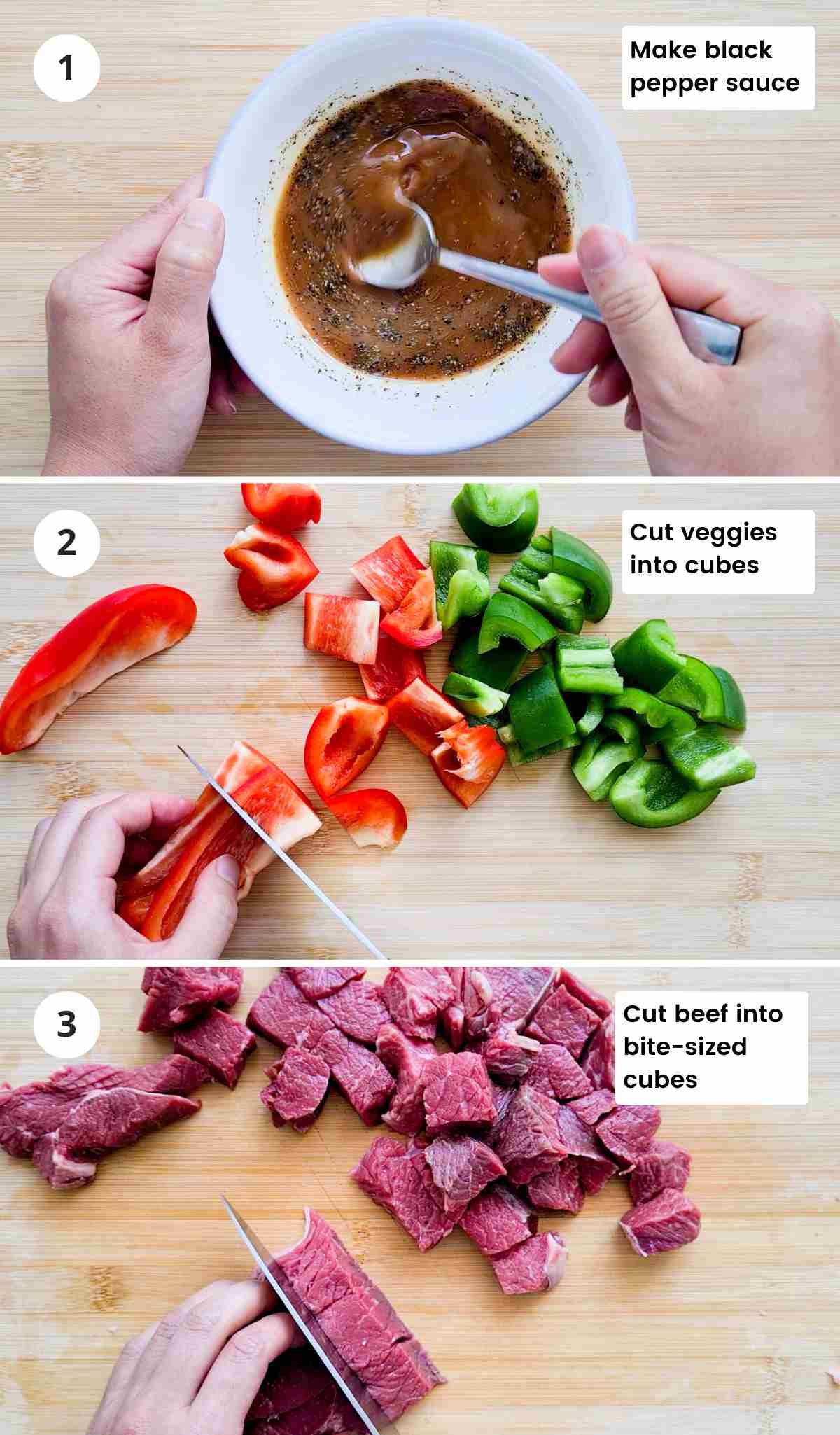 3 step instructions of making sauce, cutting beef and vegetables with captions