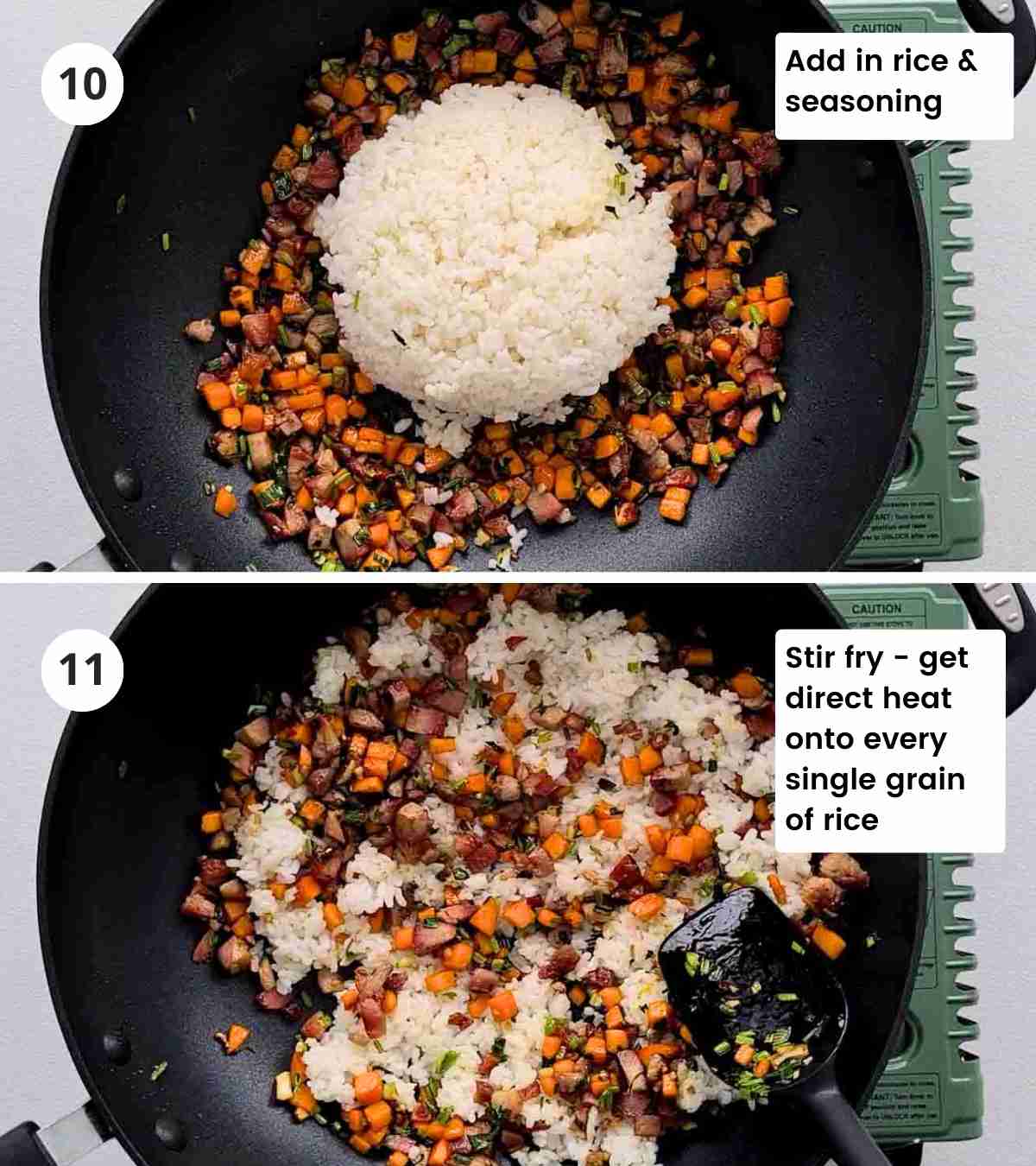 2 step collage making fried rice with rice added into the wok with captions