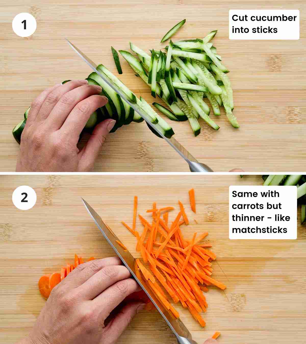 2 step collage of slicing cucumber and carrot with captions