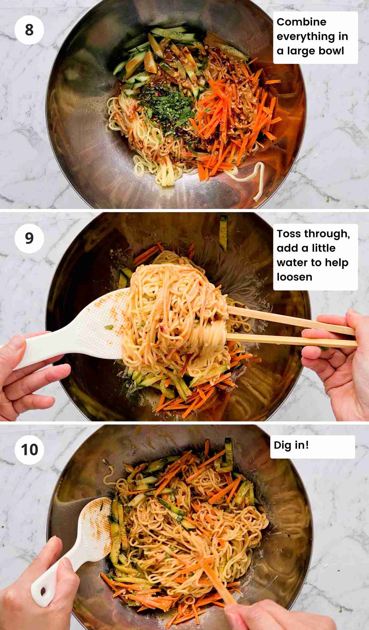 3 step collage of mixing peanut butter noodle salad with captions