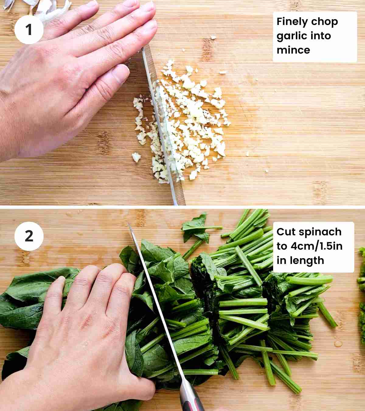 2 step collage of cutting spinach and garlic with captions