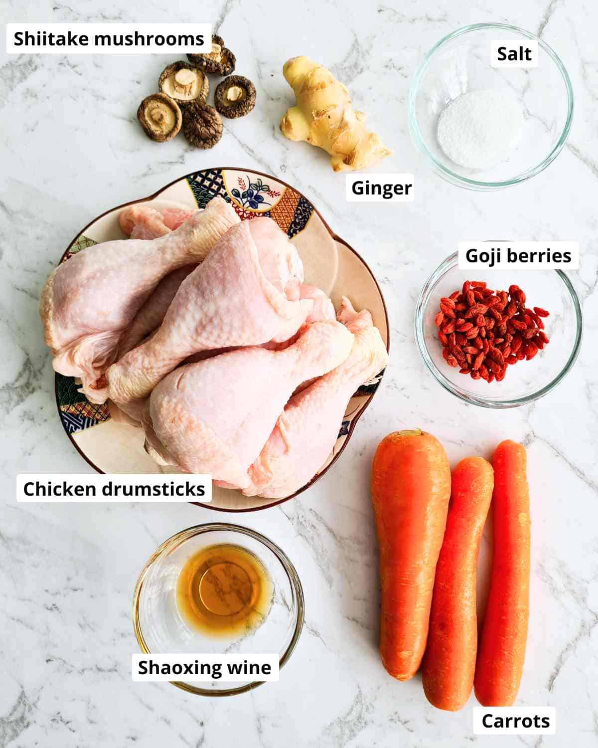 Ingredients required to make chinese chicken soup with labels