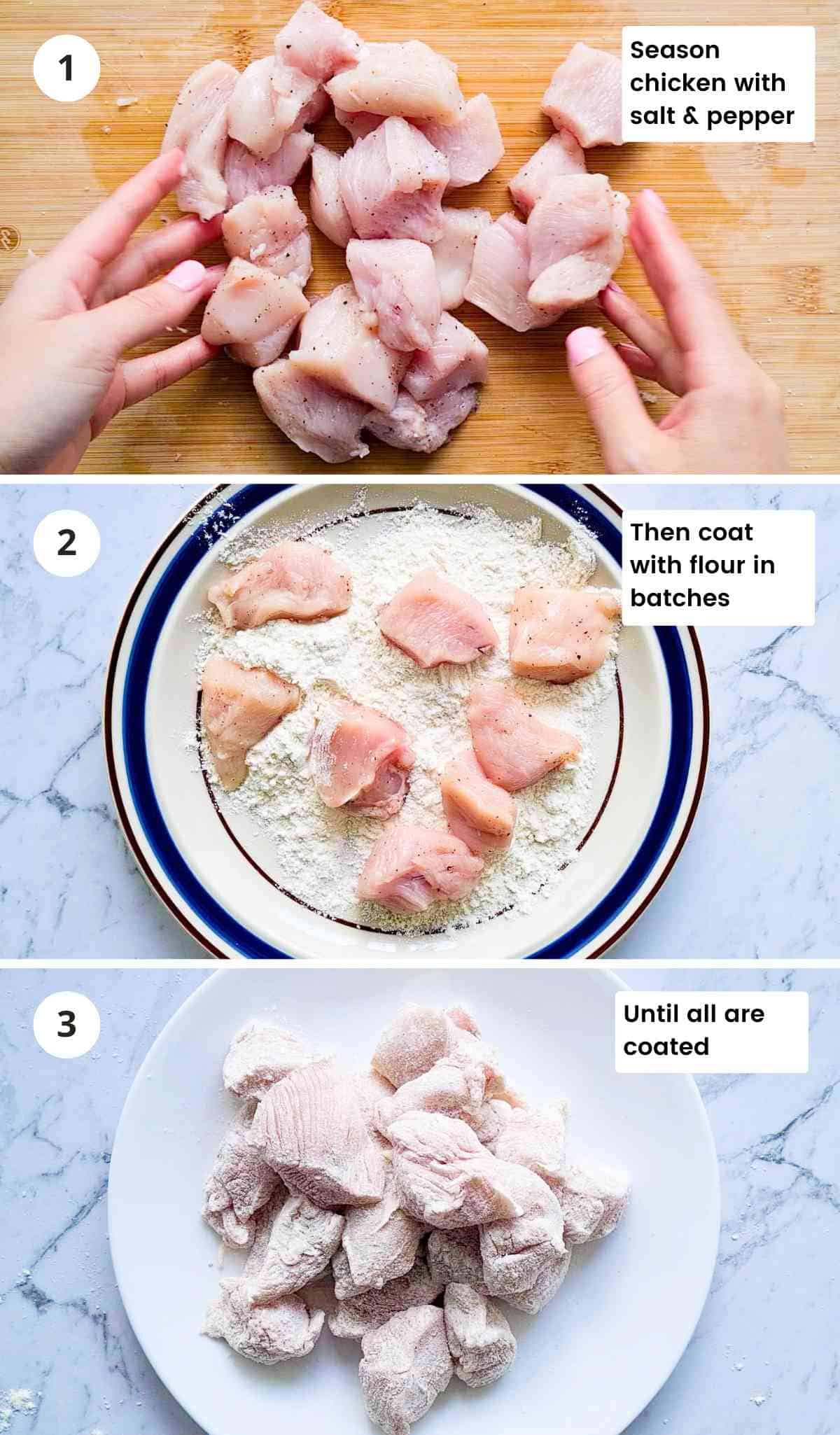 3 step how to collage of coating chicken with captions