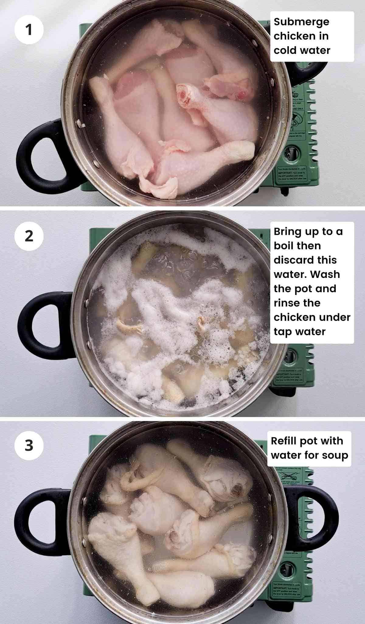 3 step collage of making chinese chicken soup with captions
