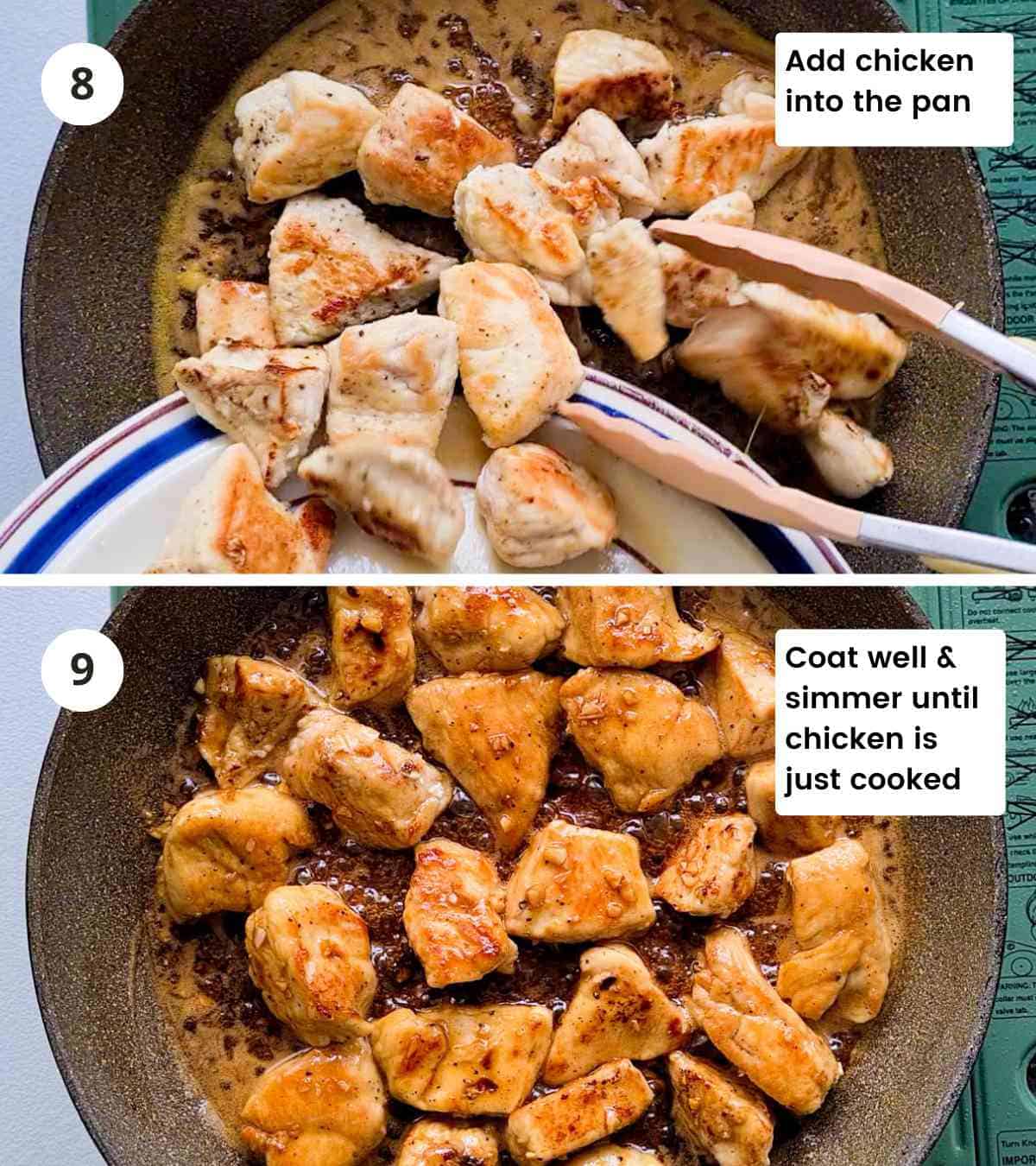 2 step collage of coating pan seared chicken breasts in glaze with captions