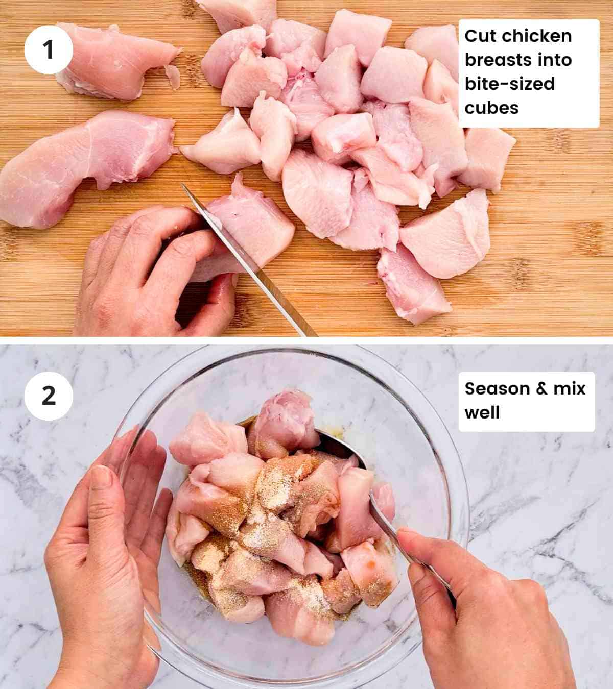 2 step collage of seasoning chicken with captions