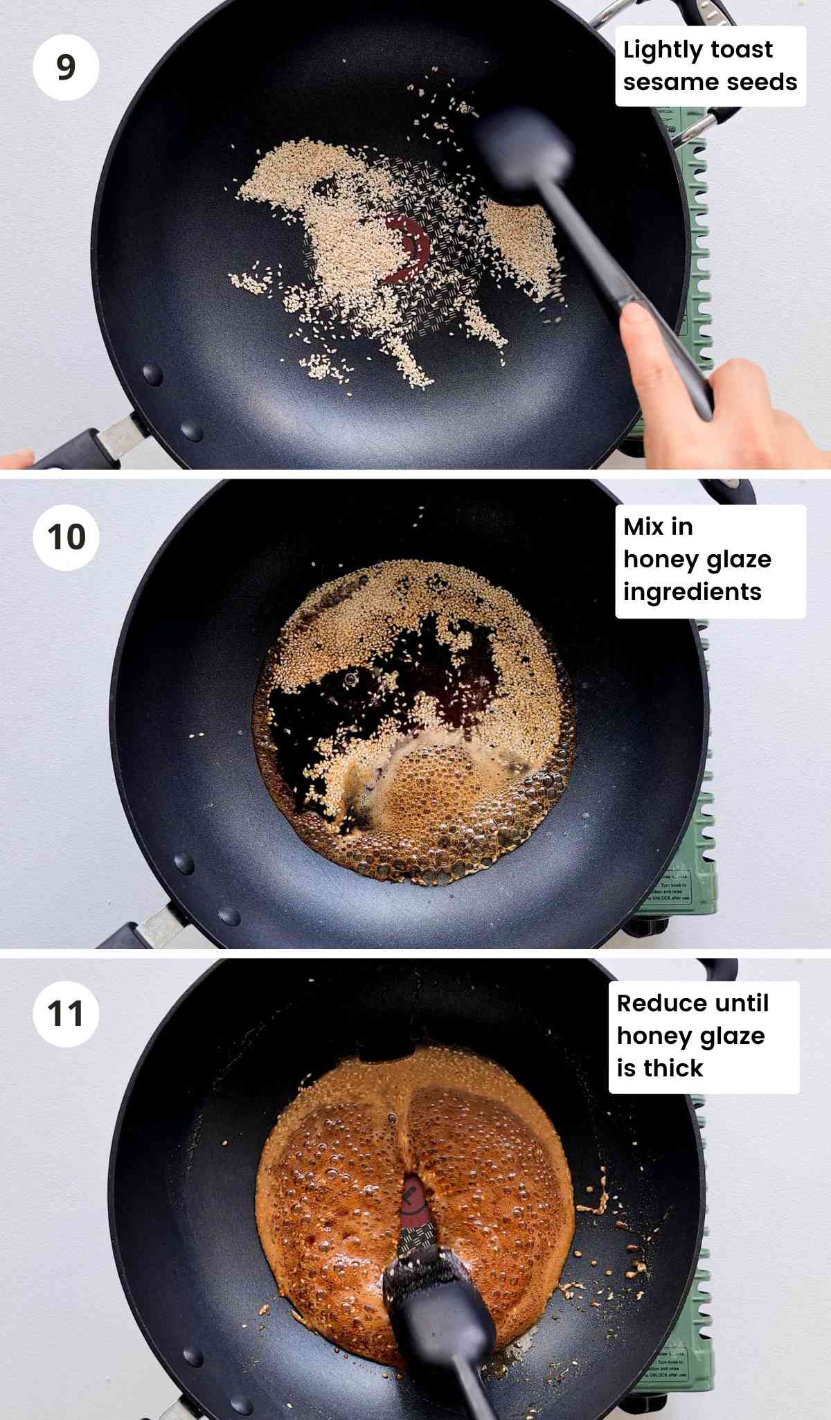 3 step collage of making honey sesame glaze with captions