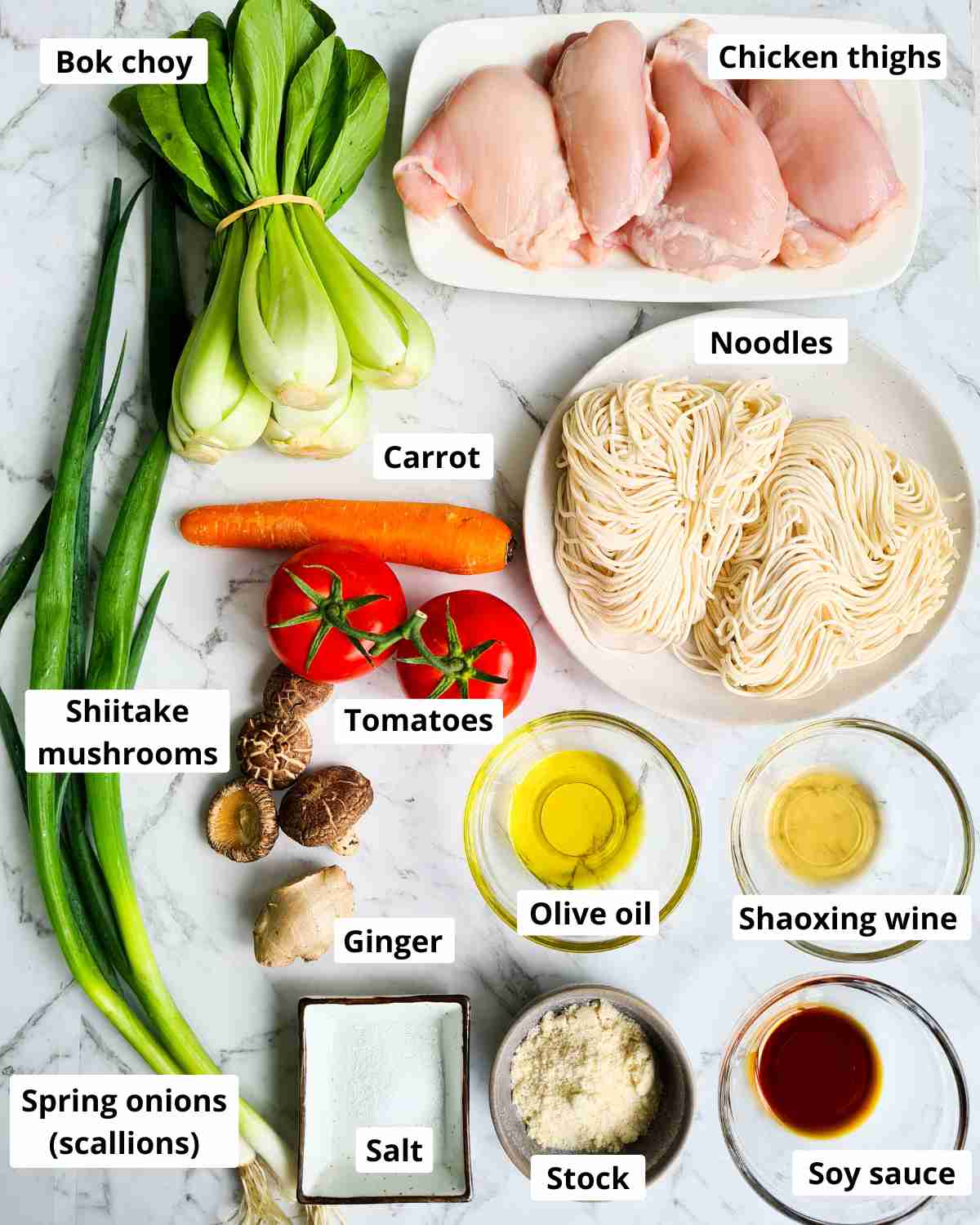 Ingredients required to make Chinese chicken noodle soup, labeled