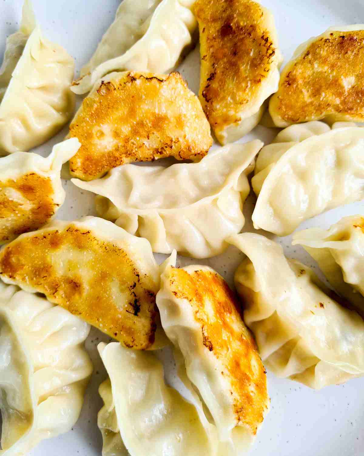 Close up of pan fried dumplings with half turned upside down revealing crispy and golden bottoms