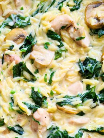 Close up of creamy chicken orzo with mushrooms and silverbeet