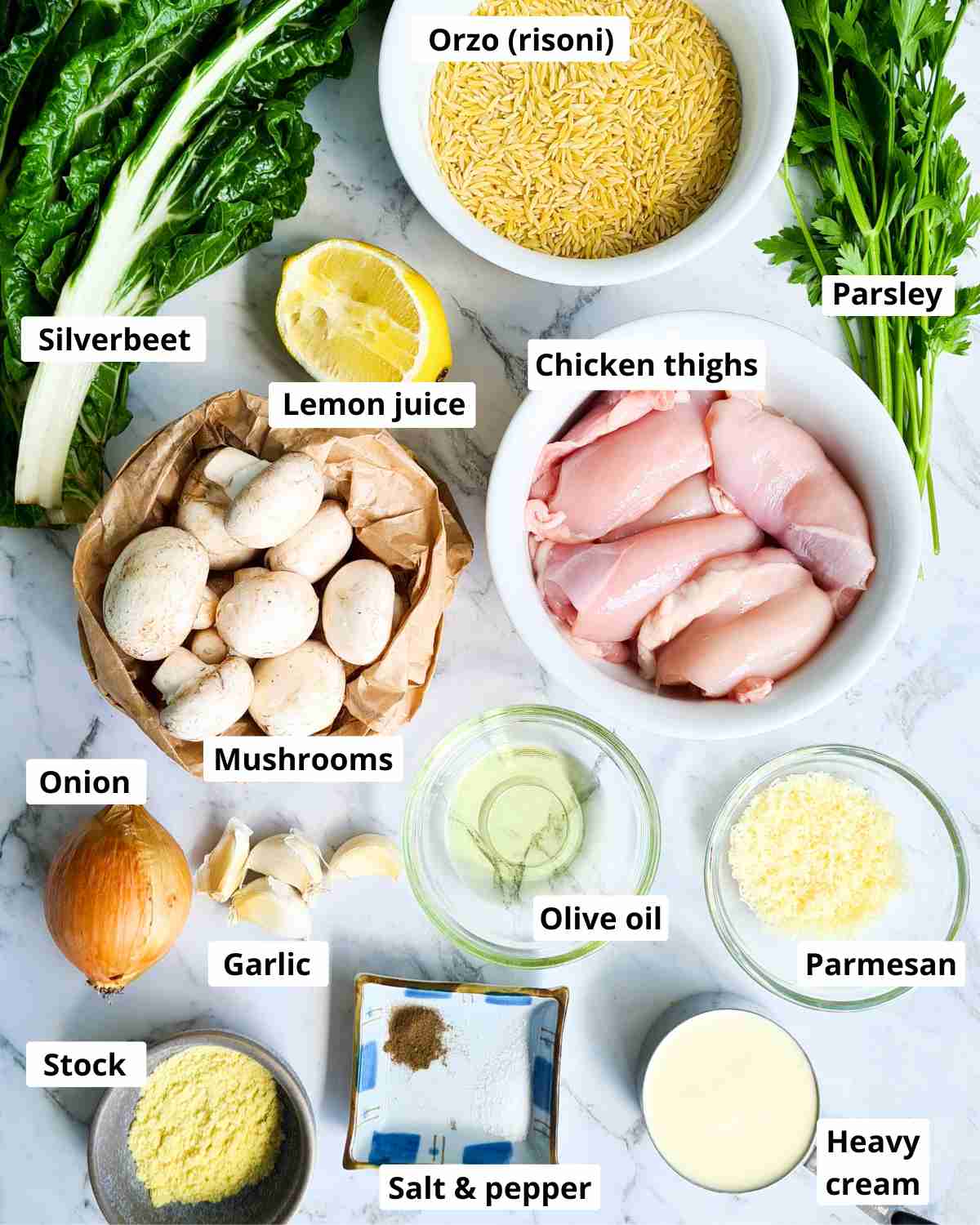 Ingredients required to make creamy chicken orzo labeled